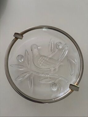 Glass Bird Trinket Dish with Silver-Tone Rim